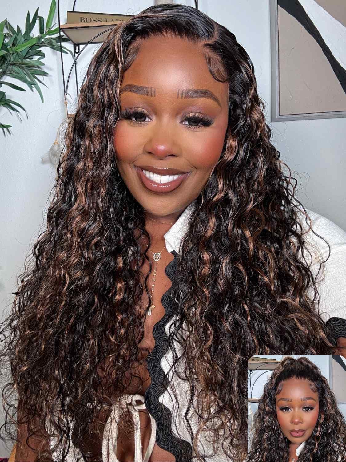 Beauty Forever Golden Brown Highlight Water Wave 7x5 Bye Bye Knots Lace Closure Glueless Wigs Human Hair Pre Plucked Pre Cut Ready to Go Lace Front Wig Bleached Knots for Beginner 150% Density 22inch