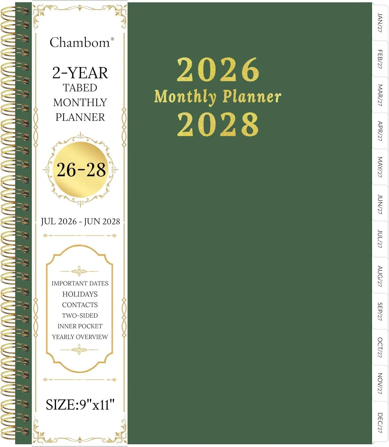 2026-2028 Monthly Planner, 2 Year Monthly Planner/Calendar 2026-208, Jul 2026 – Jun 2028, 9" x 11", Tabs, Double-Side Pocket, Holidays, Thick Paper - Dark Green