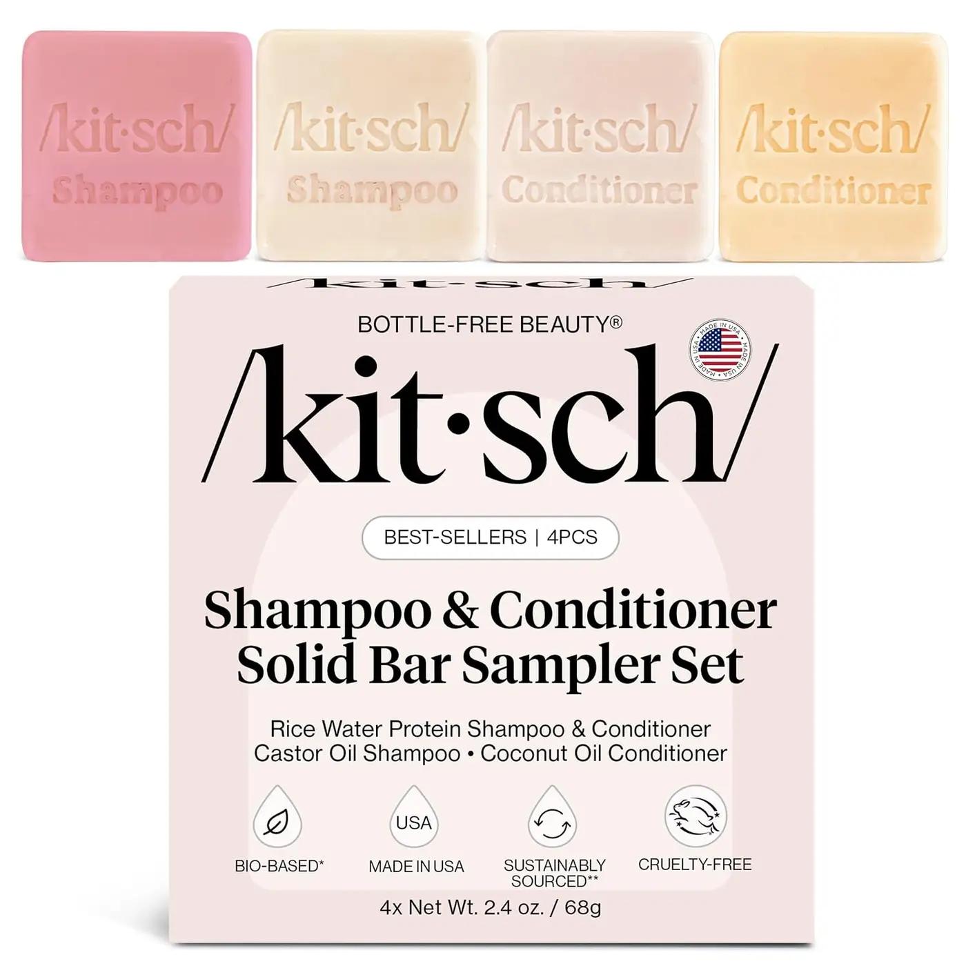 Kitsch Shampoo and Conditioner Set - 4pc Sampler Bars with Rice Water Shampoo and Conditioner, Castor Oil Shampoo &amp; Coconut Oil Conditioner - Bottle-Free Beauty for Hair Growth, Repair &amp; Moisture [Amazon-developed Certification] Compact by De