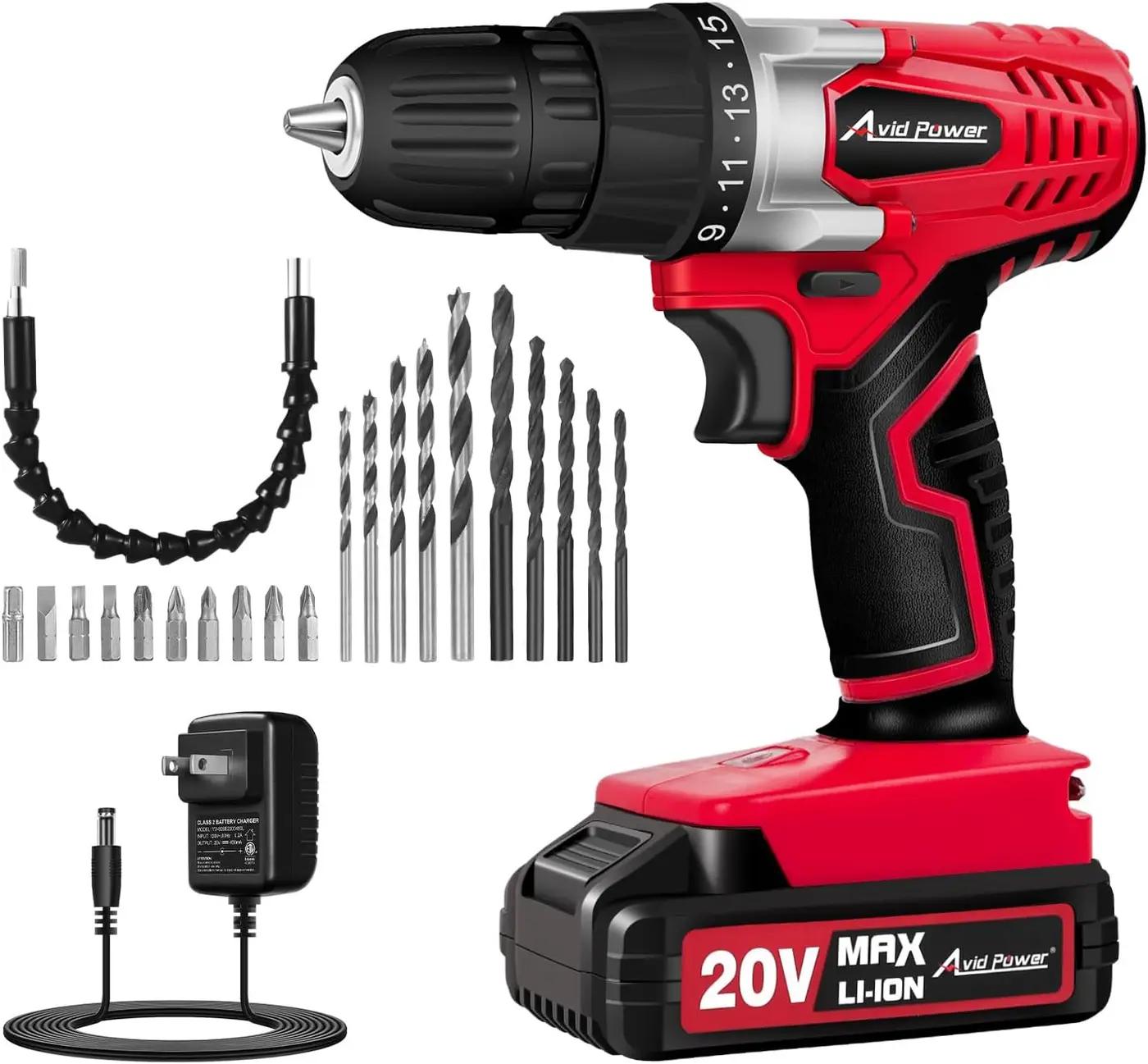 AVID POWER 20V Cordless Drill Set for Home DIY &amp; Beginner Projects - Lightweight Power Drill with Battery Charger &amp; 22 Bits, Variable Speed, 3/8" Keyless Chuck, Ideal for Furniture Assembly (Red)