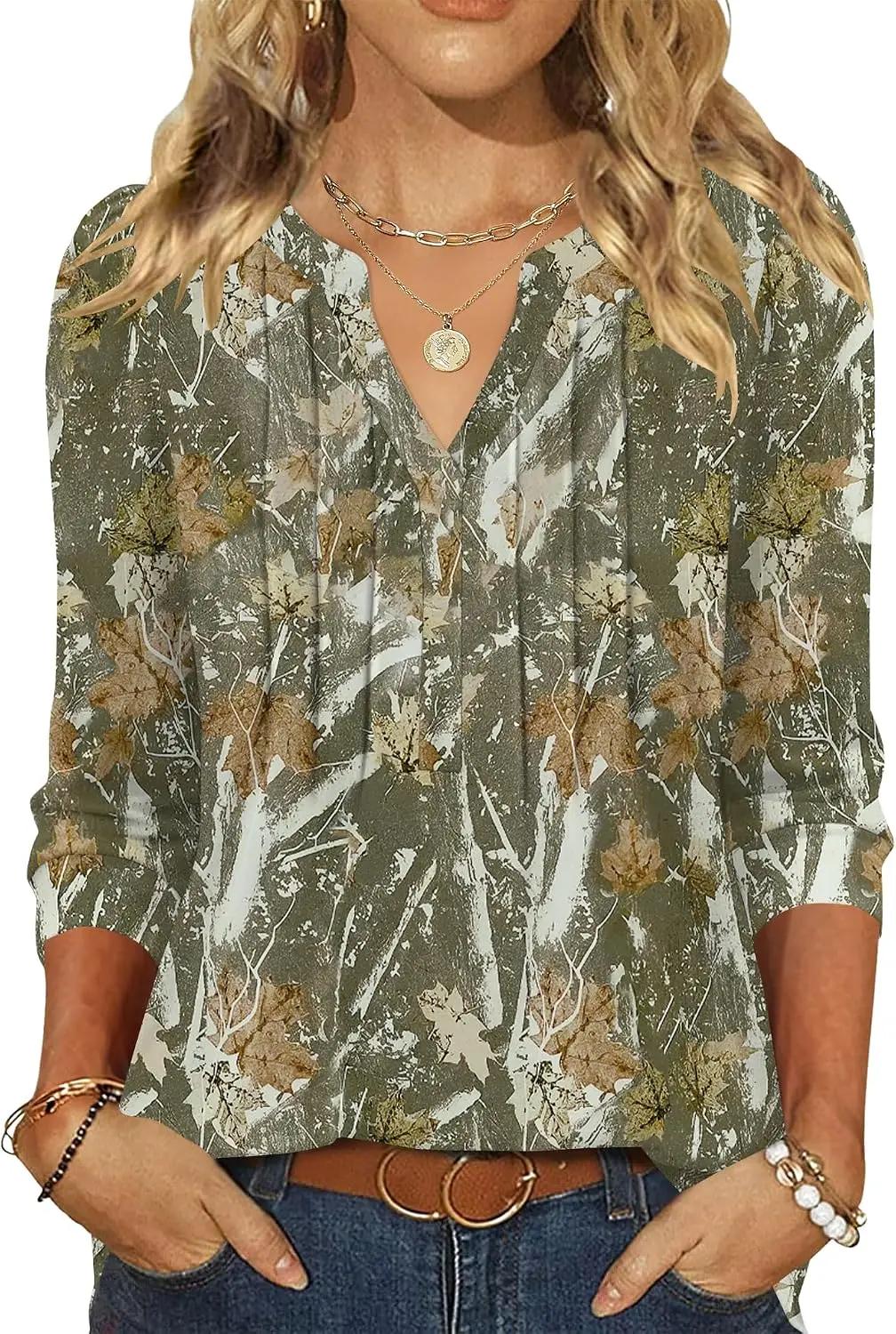 LOMON 3/4 Length Sleeve Womens Tops Pleated Puff Sleeve V Neck Work Blouses for Women Dressy Casual Spring Summer Clothes