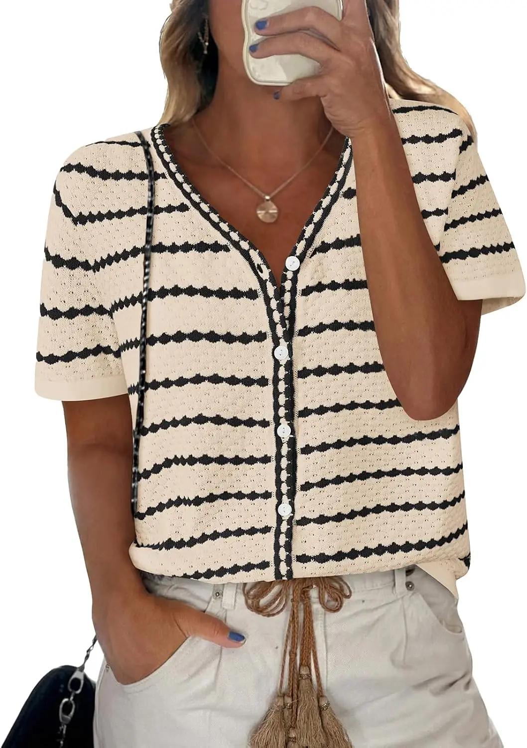 NALANISA Women's Short Sleeve Sweater Spring Summer Crochet Knit Tops 2026 V Neck Striped Button Down Dressy Casual Blouses