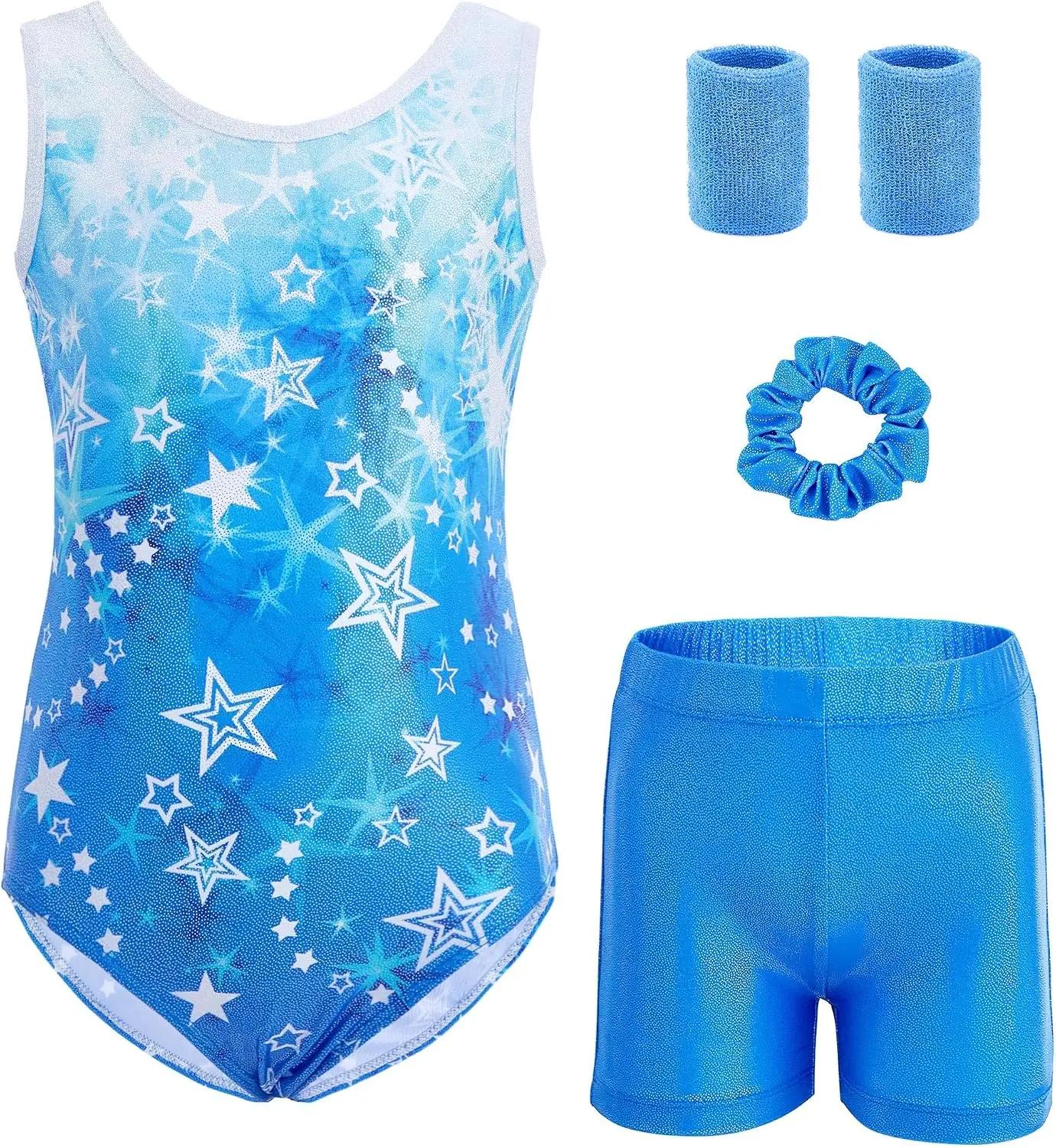 5-Piece Gymnastics Leotards for Girls with Shorts Scrunchie &amp; Wristbands Toddler/Kids Dance Outfit