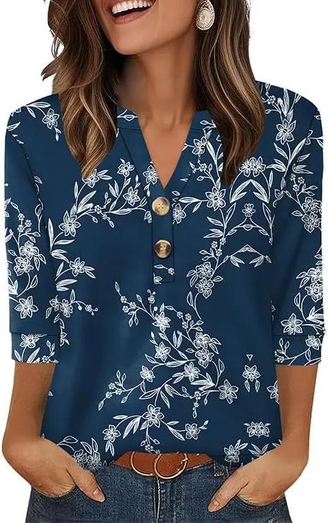 OFEEFAN Womens Tops 3/4 Sleeve Henley Shirts for Women Summer Outfits Fashion Clothing OEKO-TEX STANDARD 100