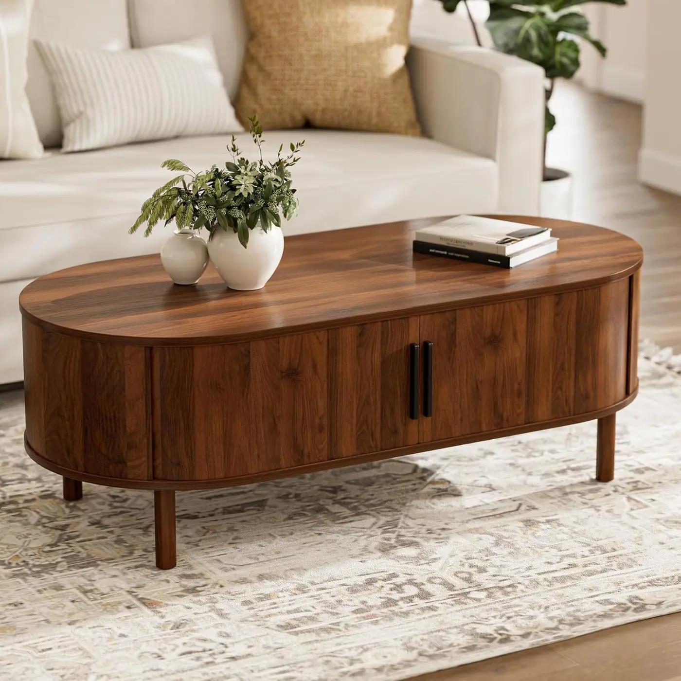 ZttRiee Coffee Table for Living Room, Modern Oval Coffee Table with Cabinets &amp; Sliding Doors, Home Small Space, 47.2" Fluted Center Table, Walnut