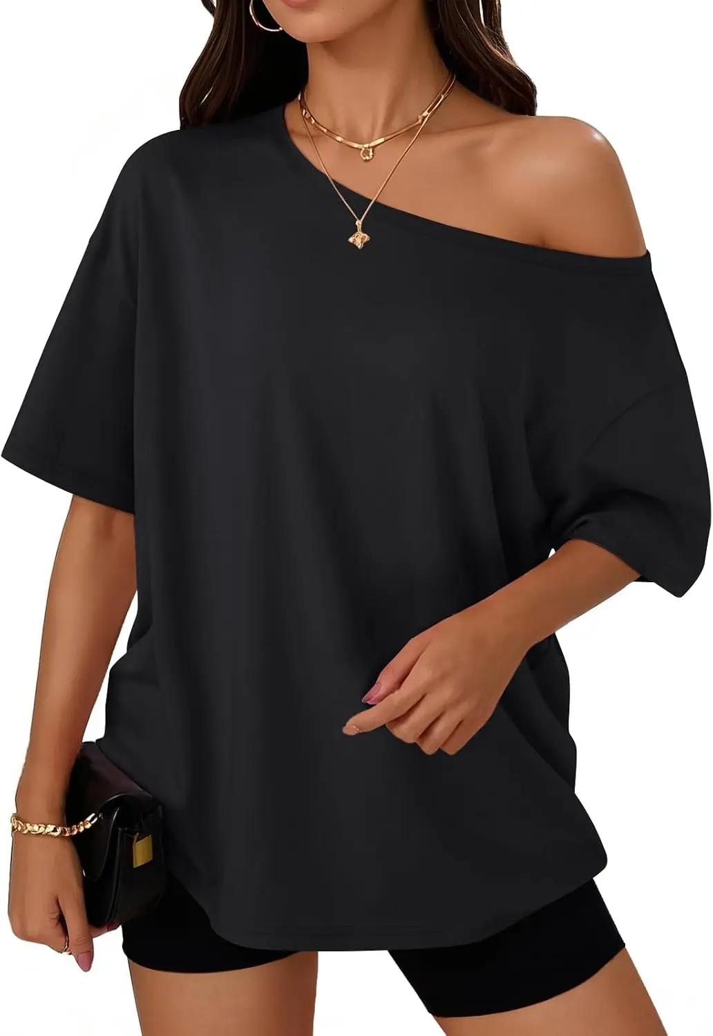 Trendy Queen Womens Off the Shoulder Tops Oversized T-Shirts Short Sleeve Tees Summer 2026 Casual Spring Clothes OEKO-TEX STANDARD 100