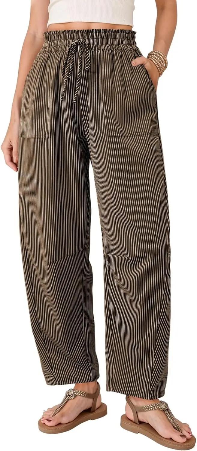 Dokotoo Women's Striped Barrel Casual Pants High Waisted 2026 Elastic Drawstring Trousers