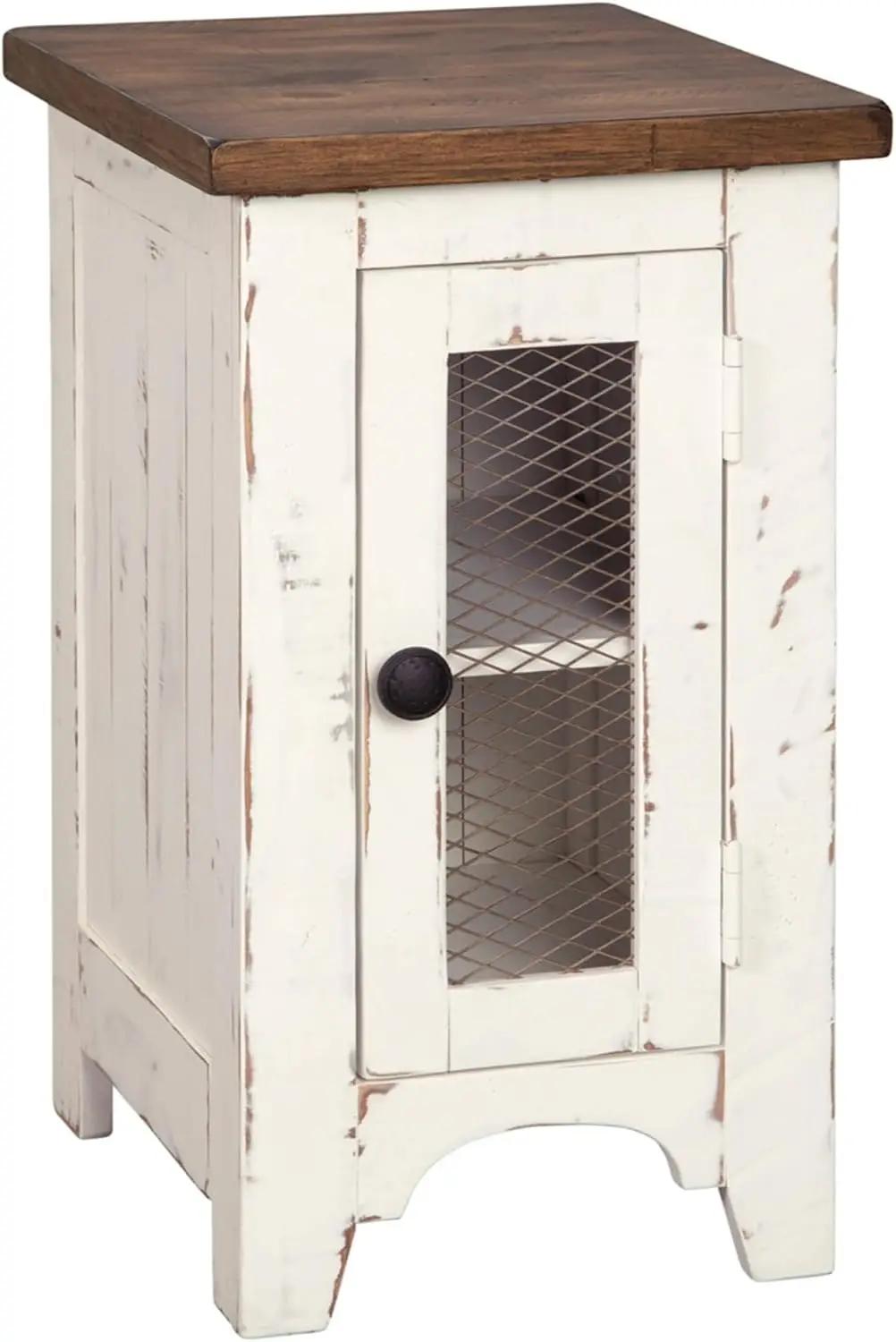 Signature Design by Ashley Wystfield Farmhouse Chair Side End Table with Cabinet Door for Storage, White &amp; Brown with Distressed Finish