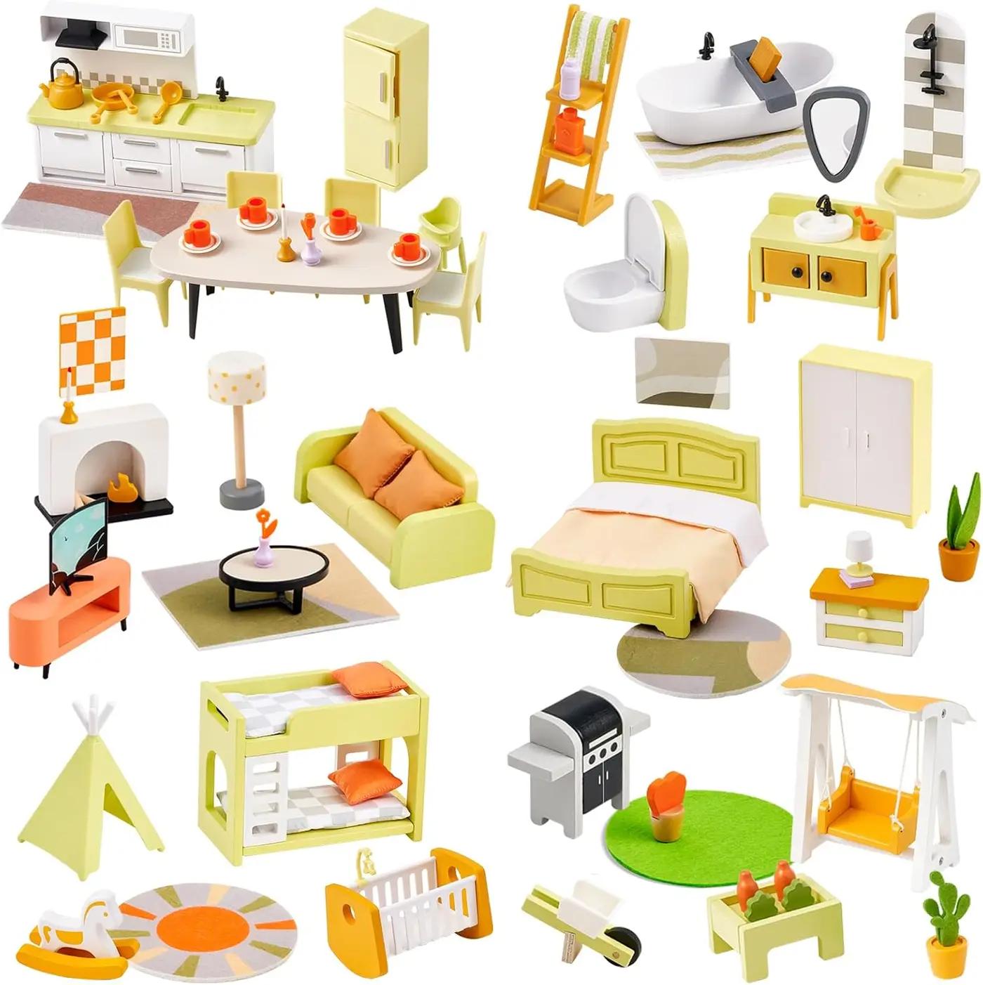 Giant bean 85pcs Wooden Plastic Dollhouse Furniture Set for 6 Rooms, Modern Dollhouse Accessories Pretend Play Furniture Toys for Boys Girls Toddlers &amp; Kids 3 4 5 6 7 Years and up The Forest Stewardship Council