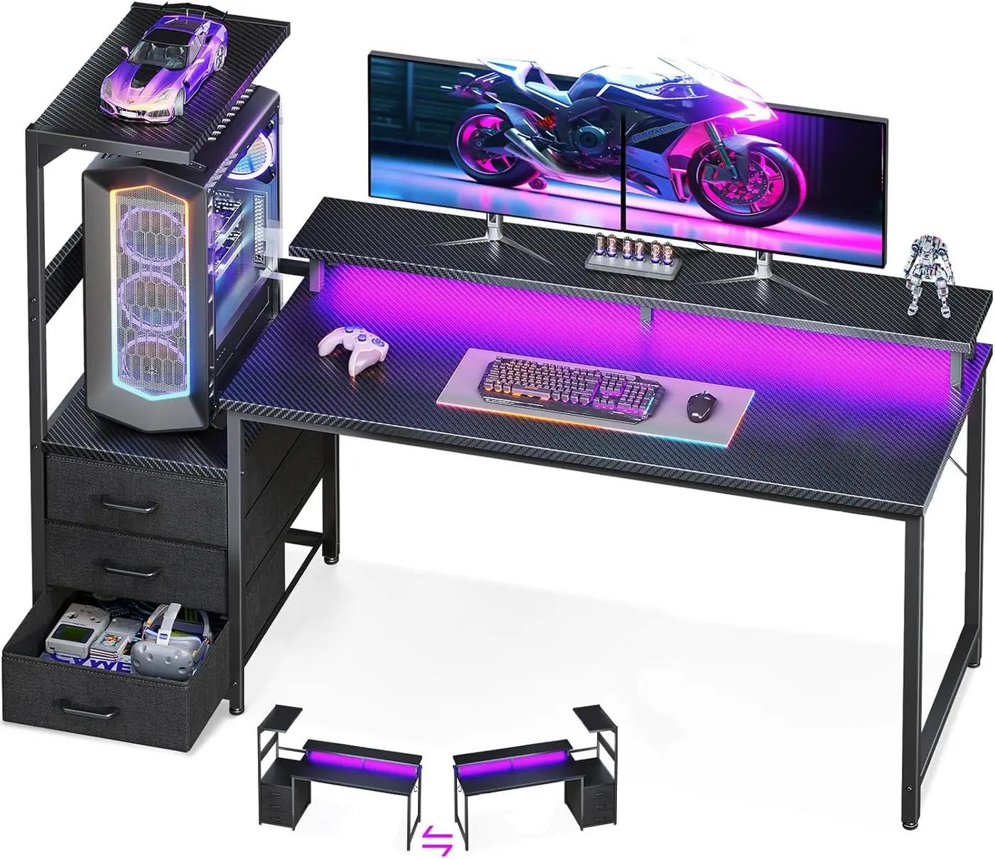 AODK 59 Inch Gaming Desk with LED Light- Reversible Computer Desk with Storage Shelves &amp; Monitor Stand, Modern Gamer Desk Table with Fabric Drawers, Black