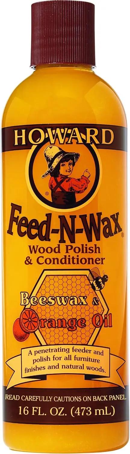Howard Products Beeswax Wood Polish &amp; Conditioner, Feed-N-Wax, Beeswax Furniture Polish For Wood, 16 Oz, Orange