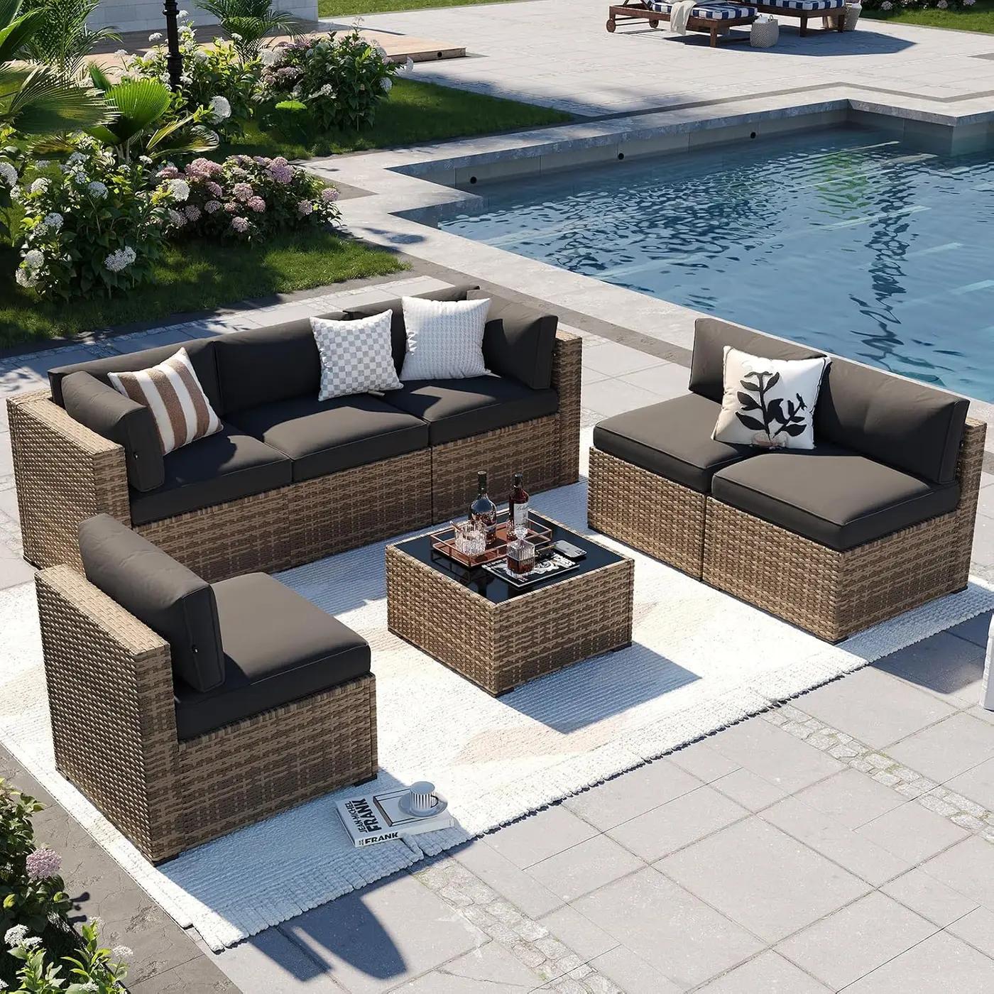 Aoxun Patio Furniture Sets, 7-Piece Outdoor Patio Furniture with Thick Cushions, Wicker Outdoor Conversation Set Sectional Sofa for Backyard, Poolside, Garden Recycled Claim Standard Blended