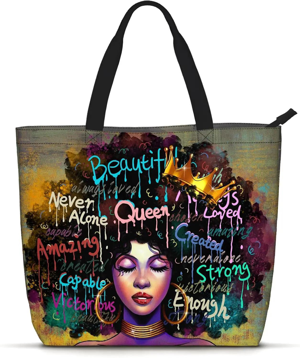 Foinior African American Women Tote Bag Black Shoulder Handbag For Women Fit Work Beach Labtops With Zip