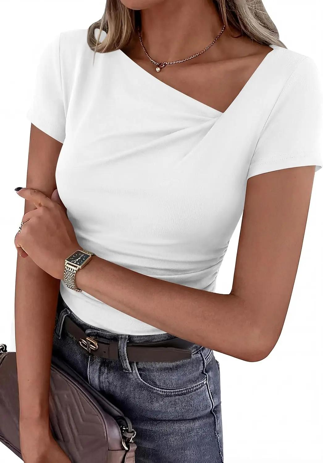 PRETTYGARDEN Women's 2026 Summer Asymmetrical Y2K Tops Trendy Ribbed Short Sleeve Fitted Tee Shirts Spring Fashion Clothing OEKO-TEX STANDARD 100