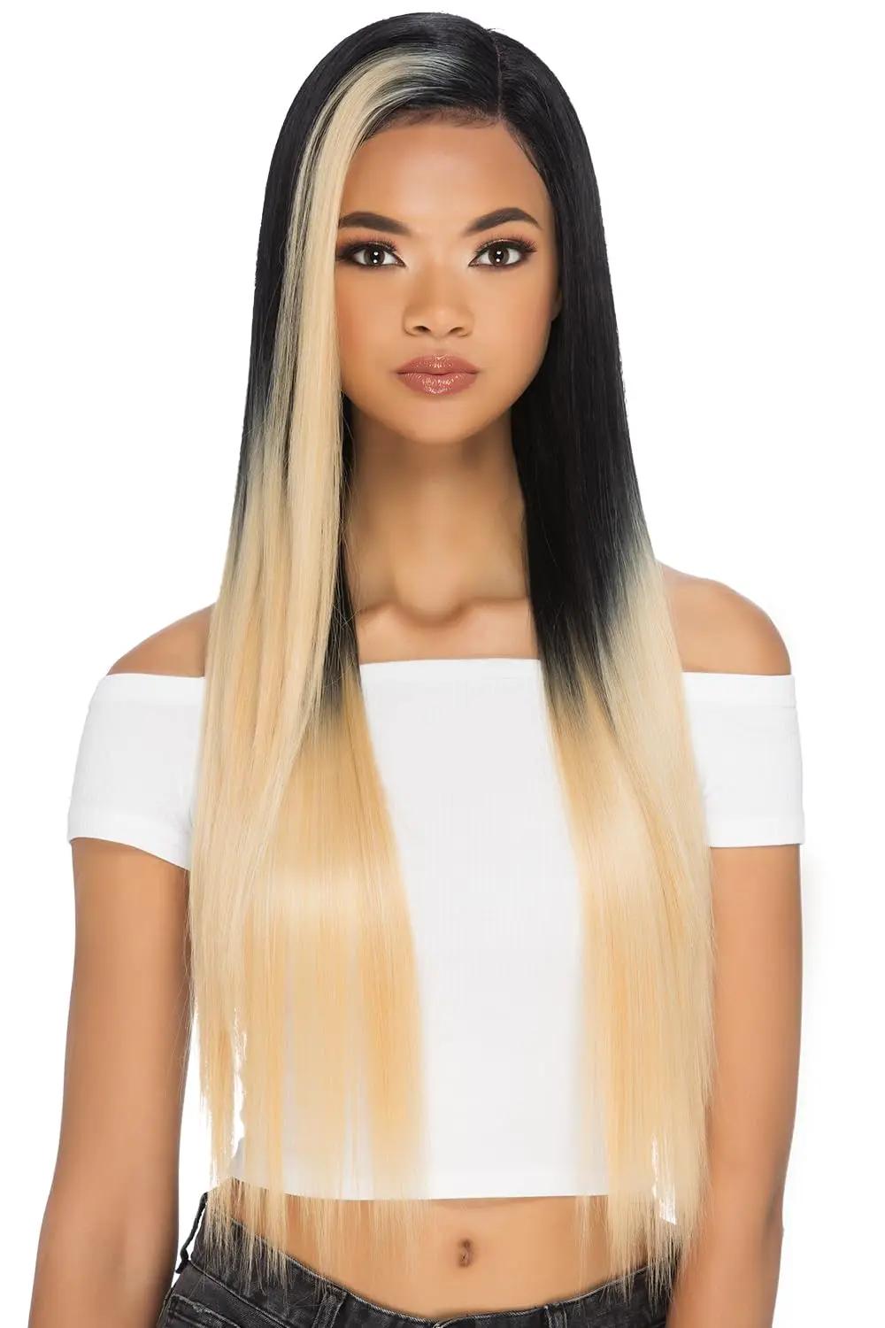 Vivica A. Fox BLONDIE New Futura Fiber, 30 Inch Layered Straight Style Invisible Side Part, Special Color Hair Mixed in with Off Black, Natural Baby Swiss Lace Front Wig (HTT1B/PPK)
