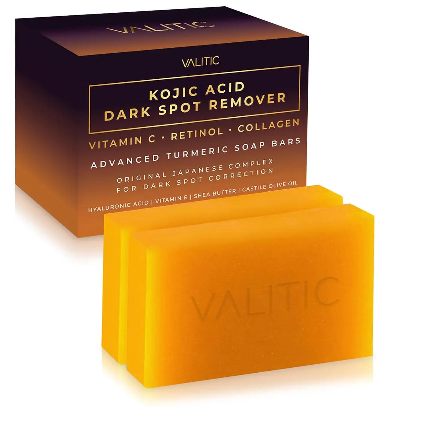 VALITIC Kojic Acid Dark Spot Remover Soap Bars with Vitamin C, Retinol, Collagen, Turmeric - Original Japanese Complex Infused with Hyaluronic Acid, Vitamin E, Shea Butter, Castile Olive Oil (2 Pack) [Amazon-developed Certification] Compact by Design