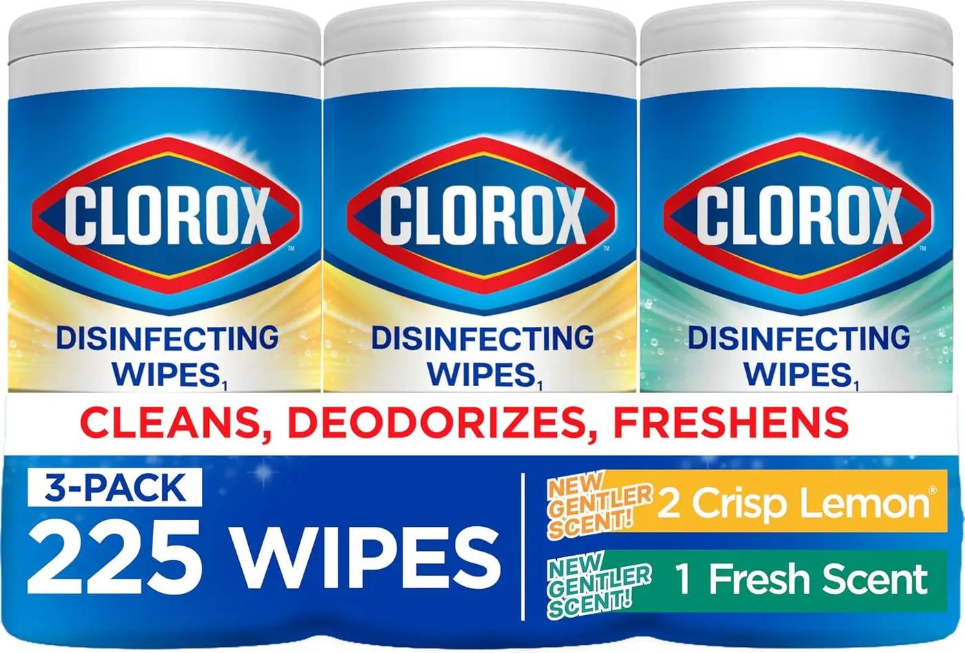 Clorox Disinfecting Cleaning Wipes for Spring Cleaning &amp; Allergy Season, Bleach Free, Fresh Scent and Crisp Lemon, 75 Count Each, Pack of 3