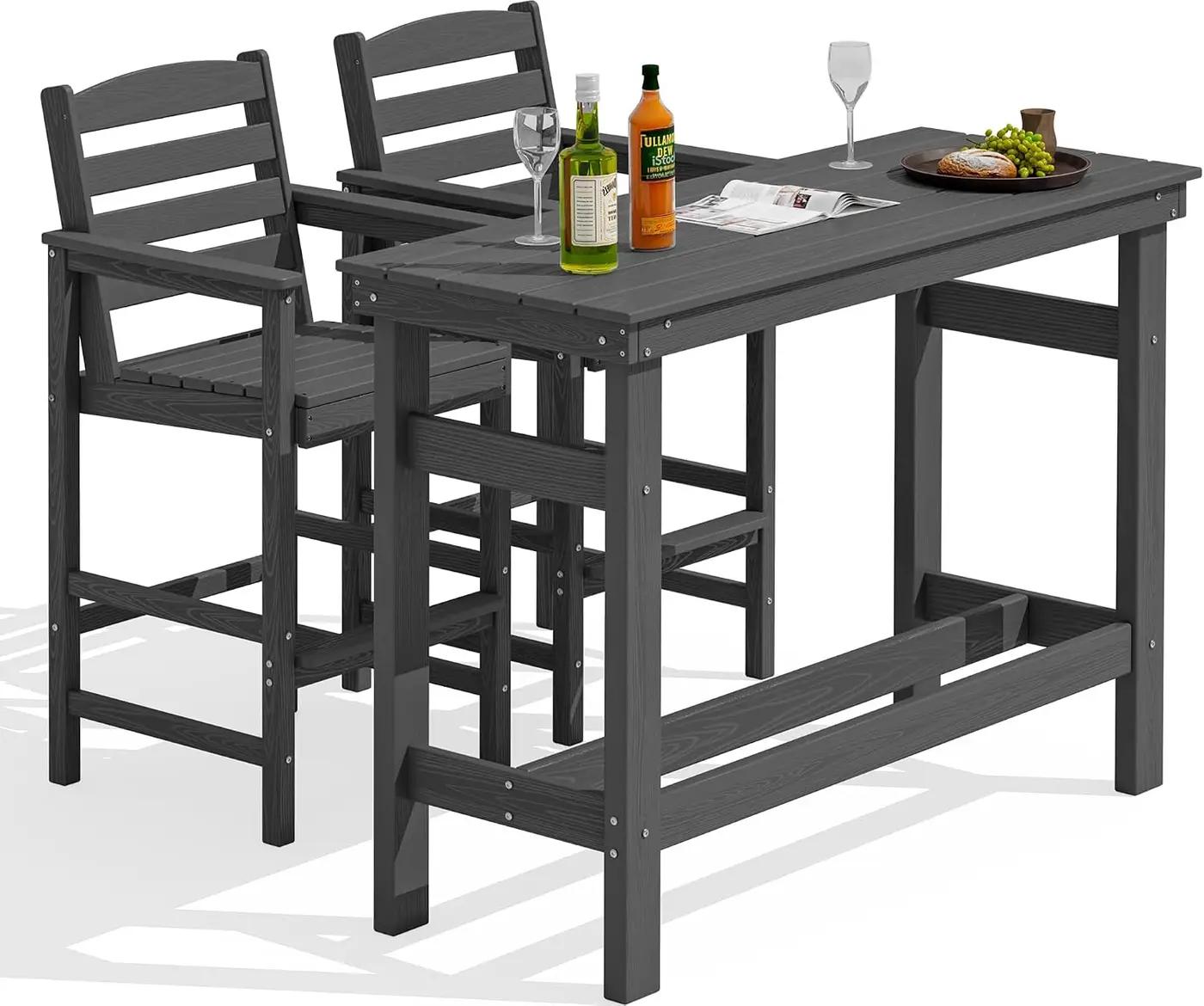 SERWALL Outdoor Bar Set - 2 Adirondack Bar Chairs &amp; Bar Height Table with 1.6" Umbrella Hole, All-Weather HDPE Patio Furniture for Poolside, Backyard, Garden - Grey