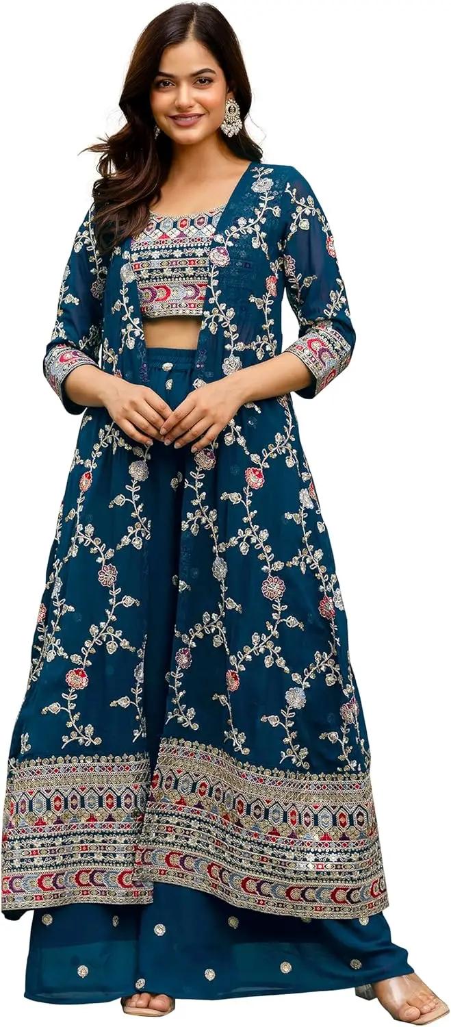 TRENDMALLS Women's Georgette Embroidery Crop Top with Flared Pleated Palazzo and Shrug Set