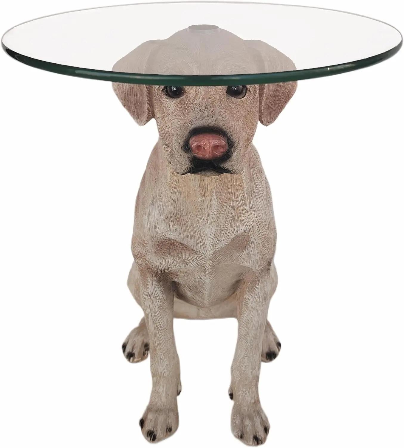 Dog Statue Side Table with Tempered Glass Top Resin Labrador Statue Base Sofa End Table Art Deco Perfect for Home Decor or Gifting (13in)
