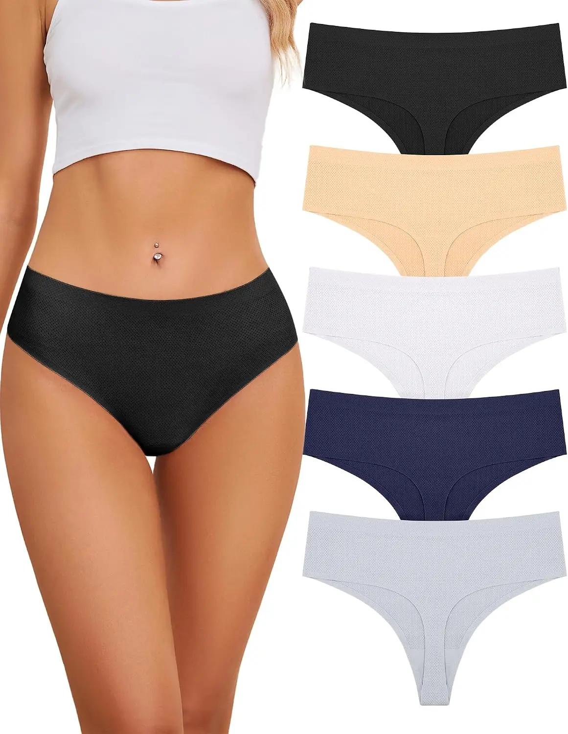 voenxe Seamless Women Underwear Thongs,High Waisted No Show Ladies Panties,Breathable Comfy Active Hi Rise Cut Undies,5-Pack Global Recycled Standard