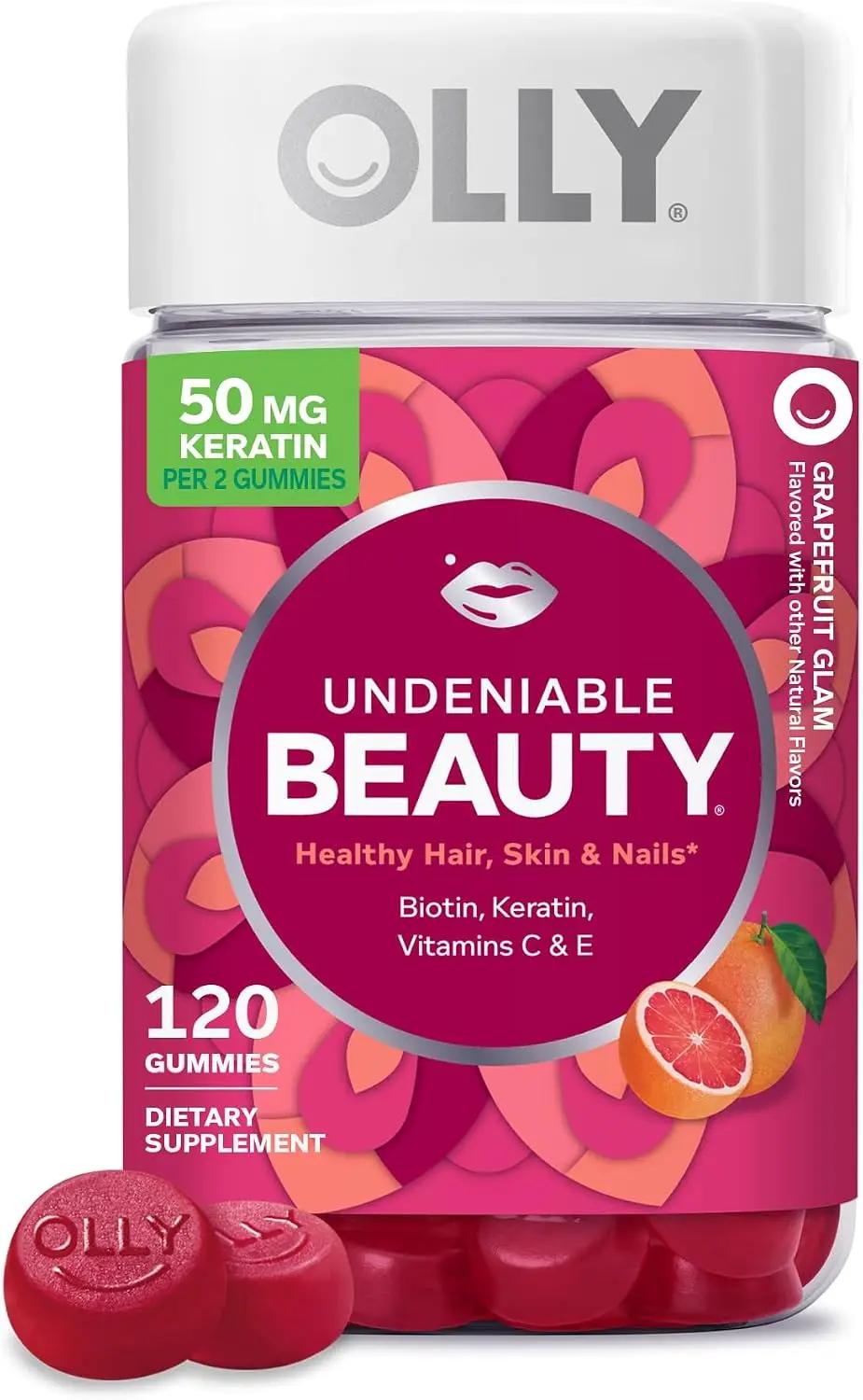 OLLY Hair Skin and Nails Gummies - Undeniable Beauty with Biotin 2500mcg Per 2 Gummies, Keratin &amp; Vitamin C - Supports Healthy Hair, Skin, &amp; Nails - Grapefruit Flavor - 120 Count