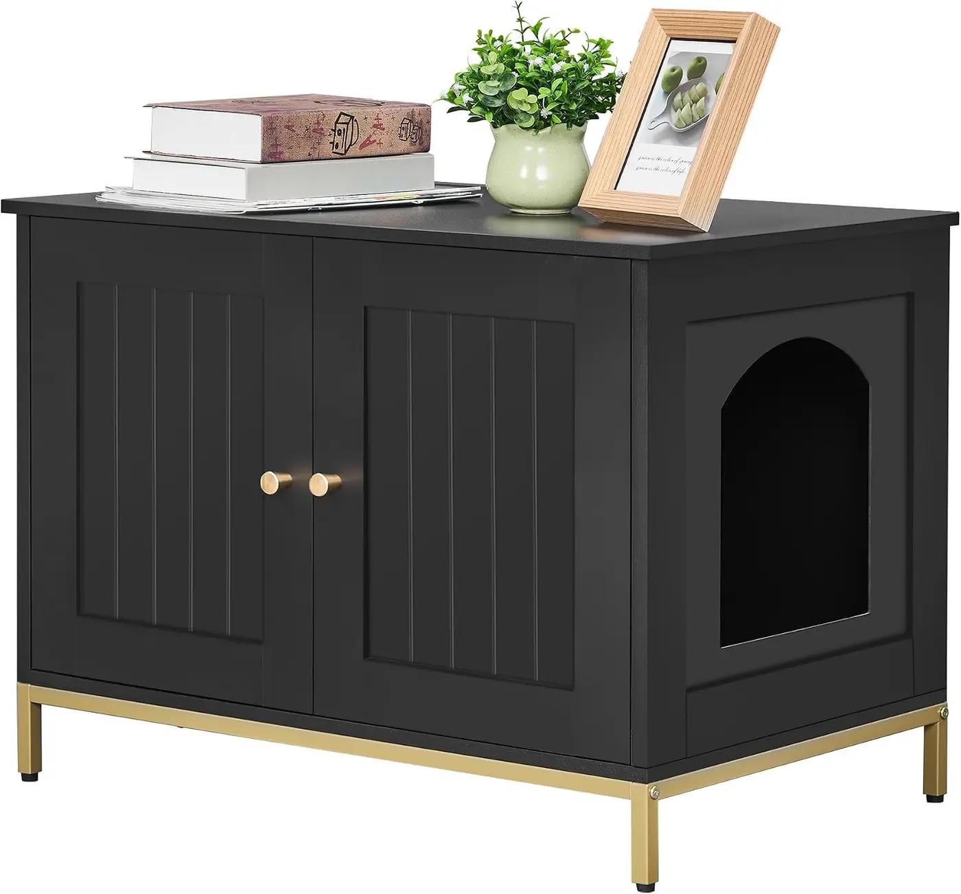 Homhedy Cat Litter Box Enclosure, Cat Washroom Furniture with Metal Frame, Pet House, Fit Most of Litter Box, Modern Style, Black and Gold