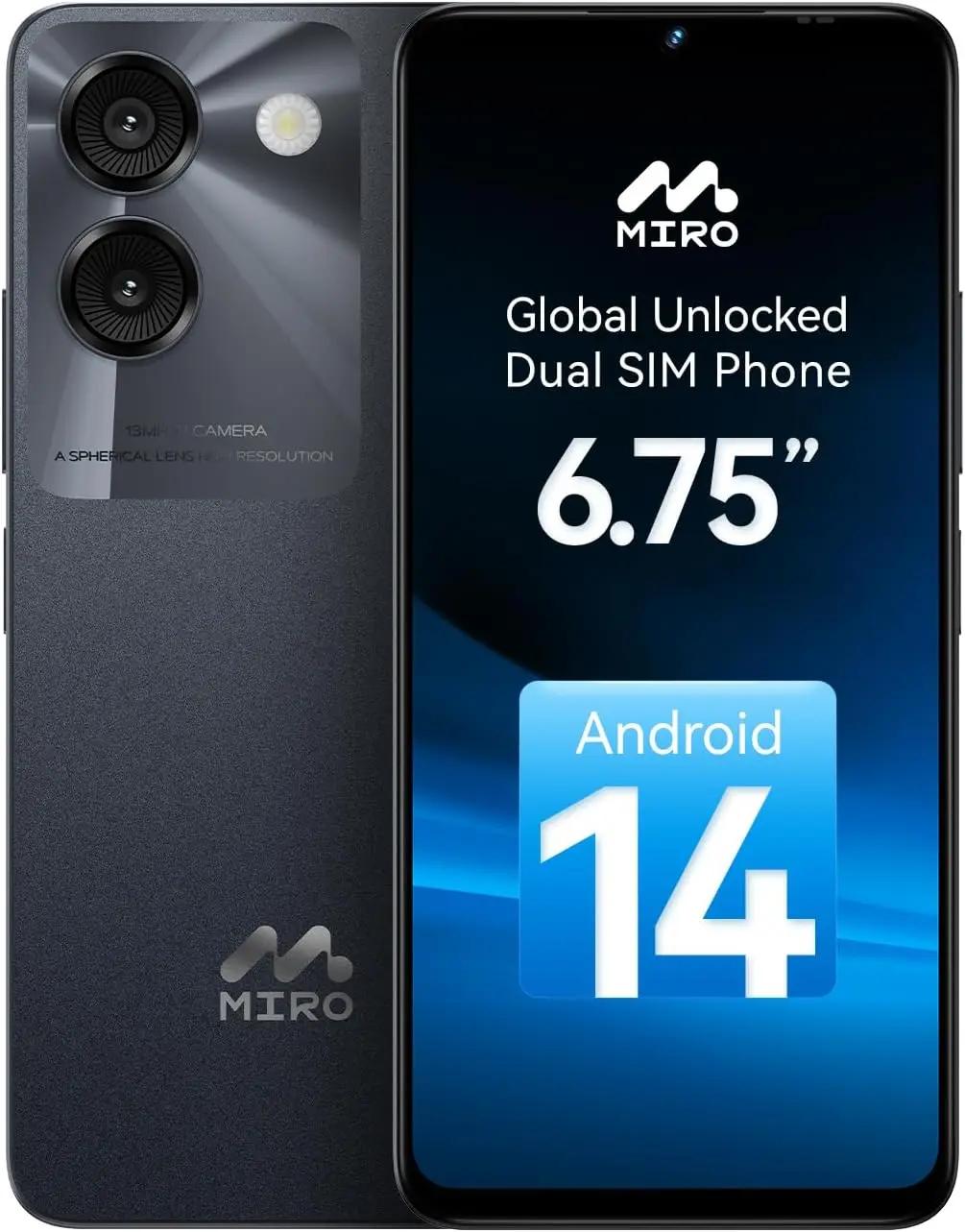 MIRO Smartphone Ultra-Light 6.75" Big Screen 4G+64GB Internal(1TB Expandable Storage) 13MP AI Dual Camera 5MP Front Cam 4900mAh Battery Android 14 Dual SIM Global Compatible(Black)