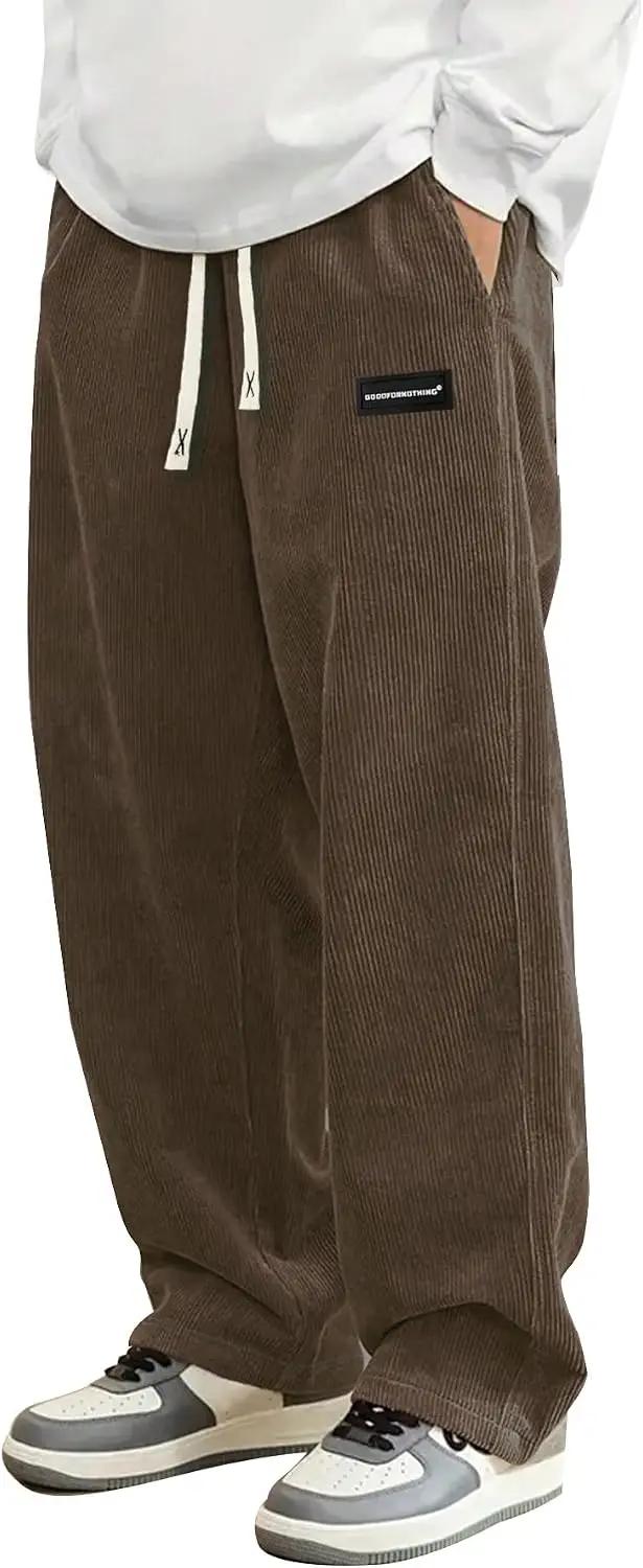 Hidkat Mens Corduroy Casual Pants Fashion Loose Fit Wide Leg Pants Straight Sweatpants Elastic Waist Drawstring