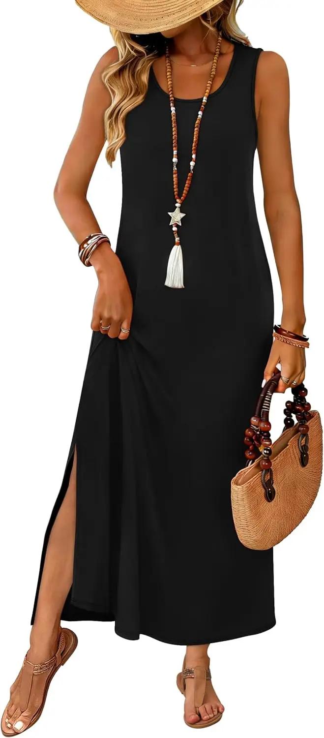 WIHOLL Maxi Dress Summer Dresses 2026 Beach Vacation Clothes Sleeveless Sundresses with Pockets Boho S-3XL OEKO-TEX STANDARD 100
