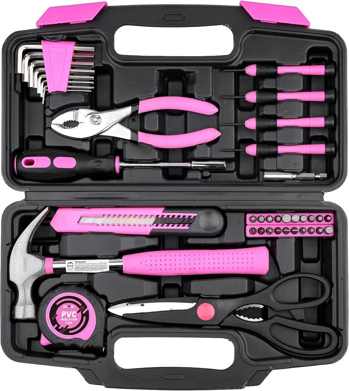 DOWELL 40 Pieces Home Tool Set Pink, General Household Hand Tool Kit with Plastic Toolbox Storage Case, Mini Repair Tool kit for Women, College Students, Home Use &amp; More