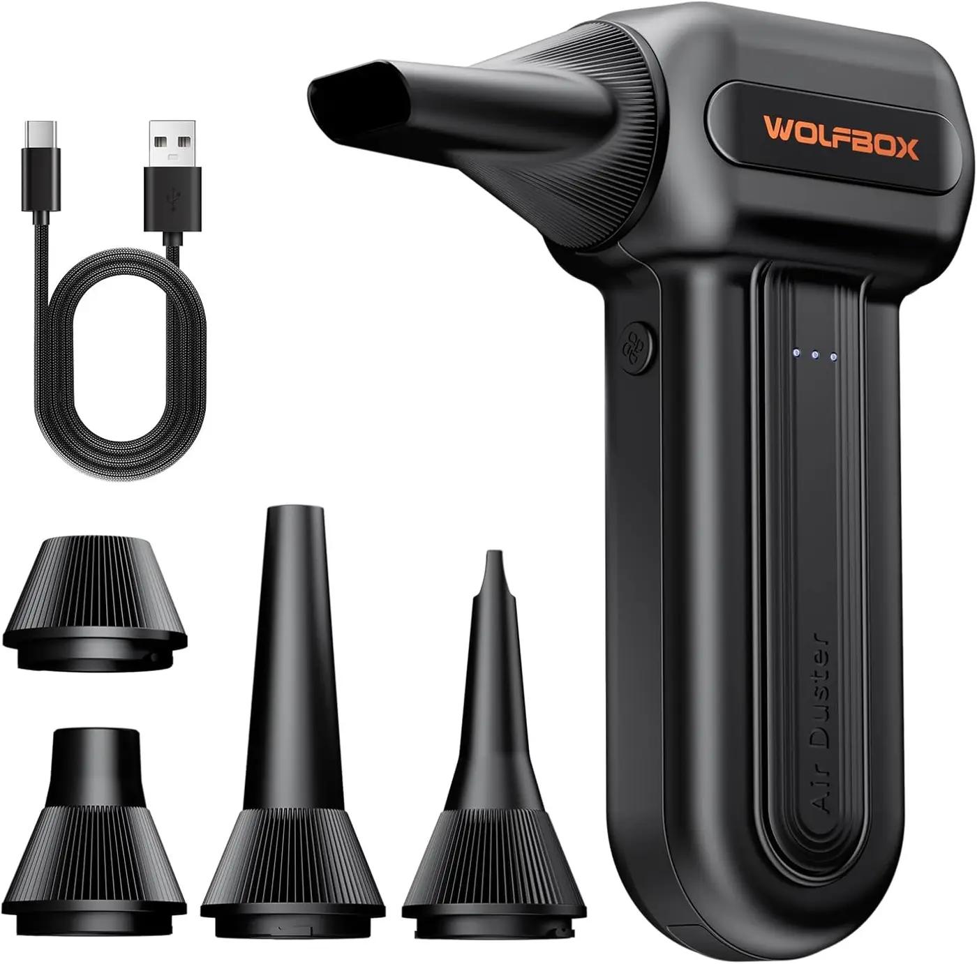 WOLFBOX MF60 Compressed Air Duster-110000RPM Super Power Electric Air Duster, 3-Speed Adjustable Rechargeable Cordless Air Blower with Fast Charging for PC Keyboard Cleaning, Car, Home, 5 Nozzle