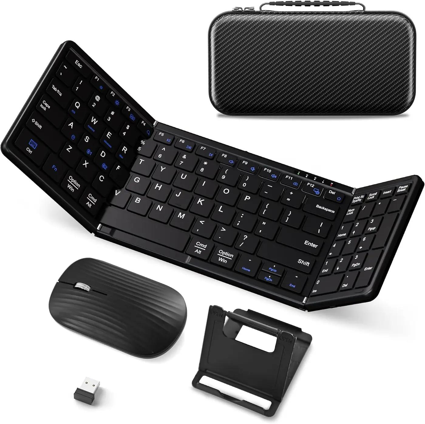 Portable Foldable Keyboard and Mouse Combo,Dual Mode Bluetooth×2+2.4G Wireless,Rechargeable Silent Full-Layout Travel Kit for iPad,Tablet,Laptop,Home &amp; Office Black
