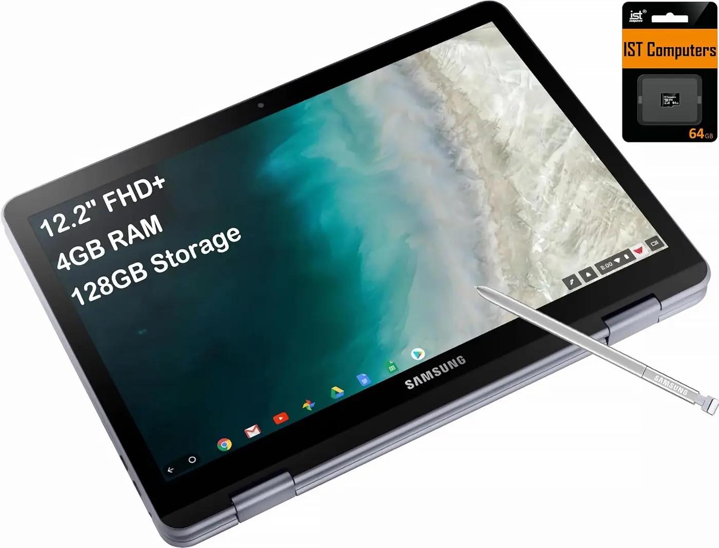 Samsung Chromebook Plus V2 360 2-in-1 Laptop w/Dual Webcam (12.2" FHD+ Touchscreen,Intel Celeron 3965Y, 4GB RAM, 128GB (64GB eMMC+64GB SD Card), Stylus Pen) Home &amp; Education, IST SDCard, Chrome OS