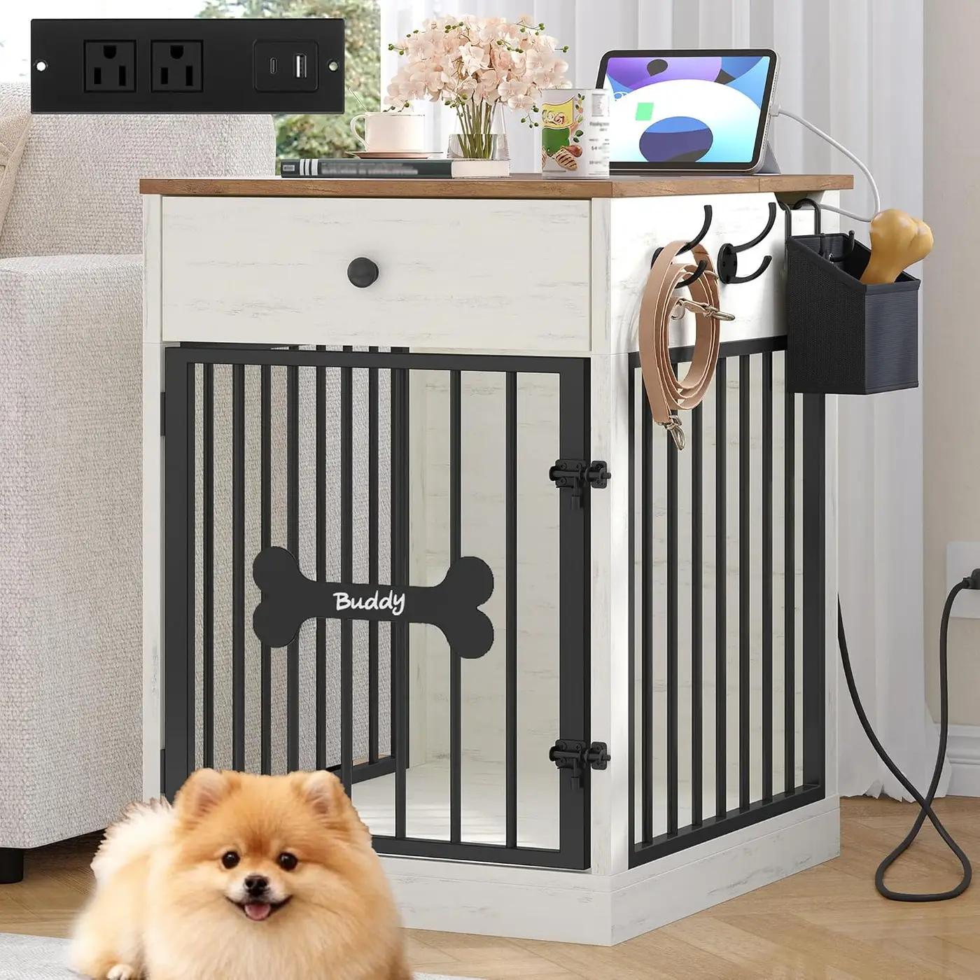 Hzuaneri 24.6'' Dog Crate Furniture with Charging Station, Dog Kennel Indoor with Flip-Top Storage, Wooden Pet Cage Dog House End Side Table for Small Dogs Anti-Chew Anti-Escape, White Brown DFC90114B