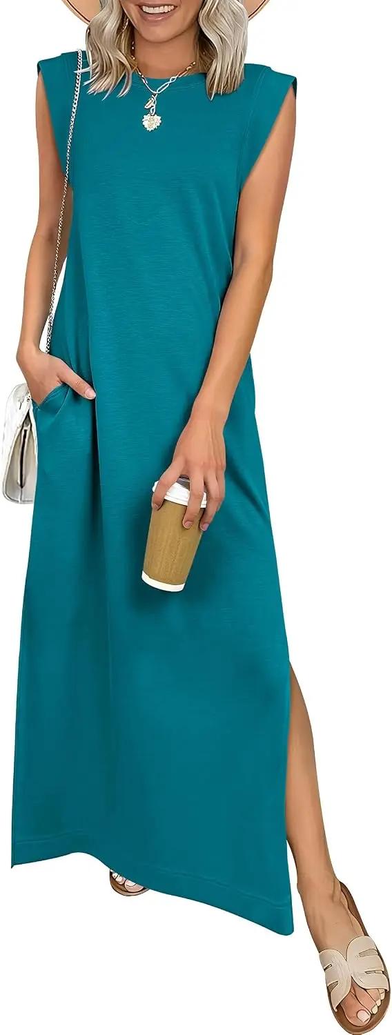 ANRABESS Women Summer Casual Sleeveless Maxi Dress 2026 Crewneck Loose Split Wrinkle-Free Beach Travel Vacation Long Sundress
