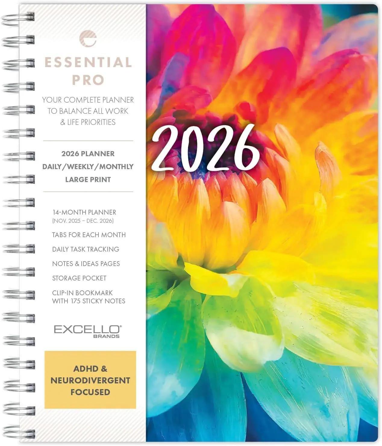 Essential PRO 2026 Daily, Weekly &amp; Monthly Planner, 7"x9": 14 Months (Nov 2025 - Dec 2026) Monthly Tabs,Daily Tracking,Notes Pages,Storage Pocket,Bookmark w Sticky Notes (Rainbow Petals)