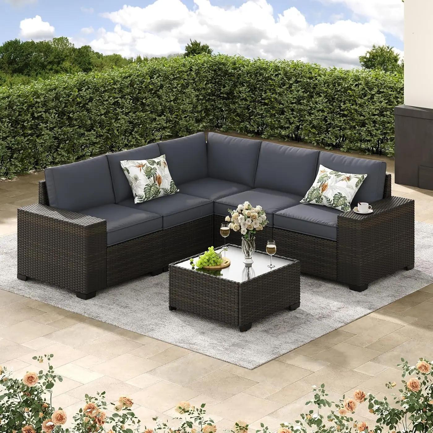 6-Piece Patio Furniture Set, All-Weather Outdoor Wicker Sectional Sofa with Cushions, Glass Table &amp; Left and Right Armrest, Rattan Conversation Seating for Porch, Garden, Backyard,Grey