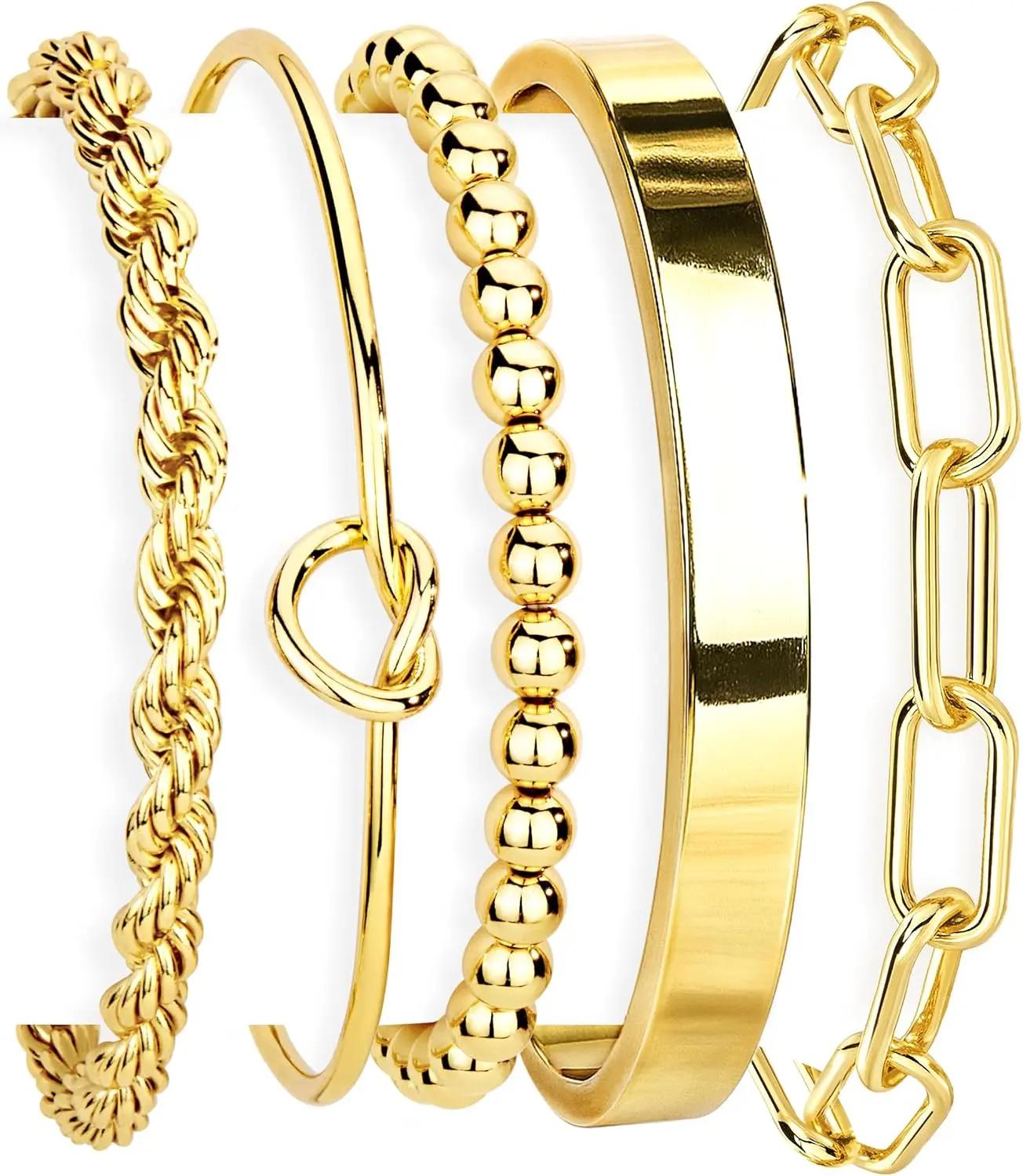 Gokeey Gold Bracelets Set for Women Non Tarnish, Waterproof 14K Gold Plated Sterling Silver Chunky Cuff Bracelet Stackable Gold Bangles Bracelet for Women Trendy Fashion Accessories Tie Knot Cuban Rope Paperclip Beaded Bracelet Stack Jewelry Mothers 