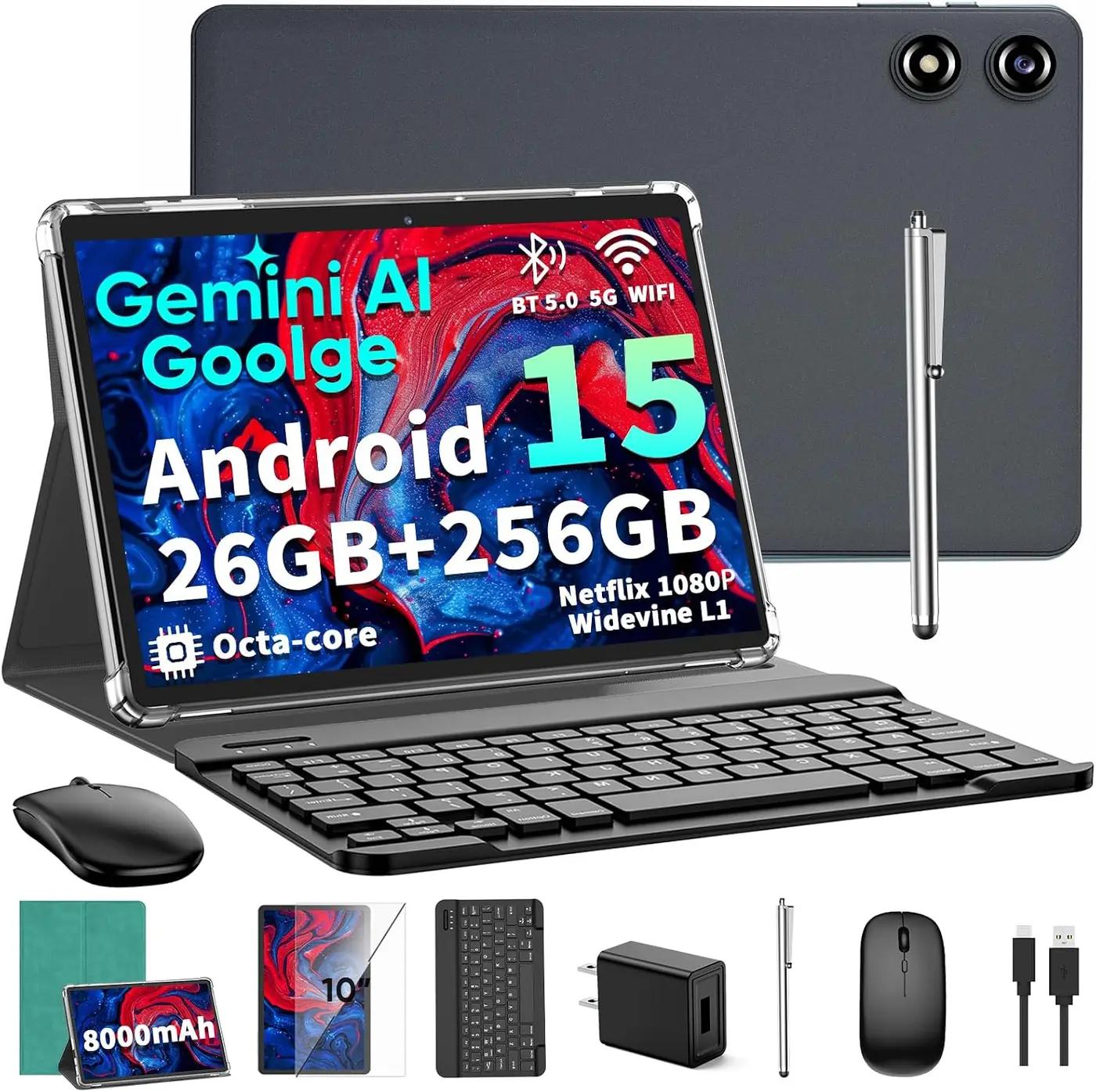 2026 10 Inch Android 15 Tablet with Keyboard, 26GB+256GB, 2TB Expand, Gemini AI Tablet PC with Octa-Core, 8000mAh, 5G WiFi, GPS, GMS, Widevine L1, 2 in 1 Tablets with Case, Mouse, Stylus (Green Case)