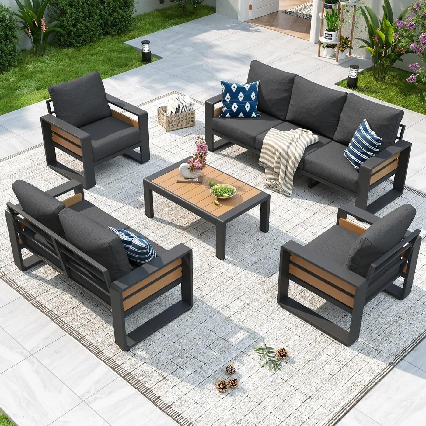 Aoxun Aluminum Patio Furniture Set, 5 Piece Luxury Outdoor Sectional with 6" Olefin Fabric Cushions, Patio Conversation Sets with Coffee Table and Waterproof Cover for Backyard, Porch Dark Grey Recycled Claim Standard Blended