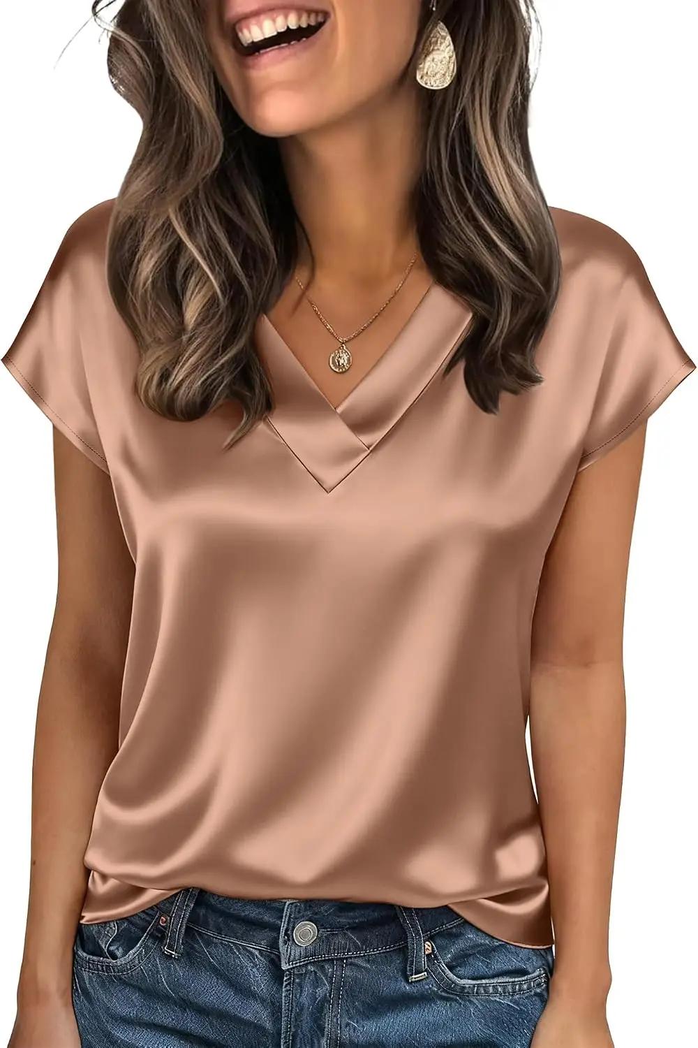 Zeagoo Women Silk Satin Tops Cap Short Sleeve Blouse V Neck Shirts Business Casual Outfits S-2XL