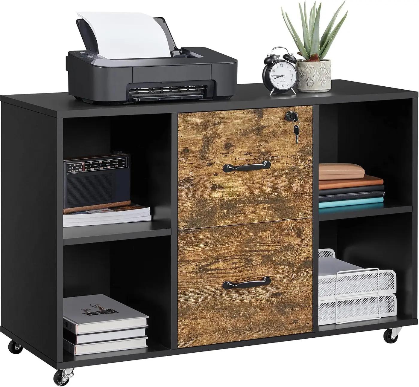 Yaheetech Filing Cabinet Lateral File Cabinet with 2 Drawer and 4 Open Compartments for Letter Size A4 Size, Printer Stand for Home Office, Black/Rustic Brown