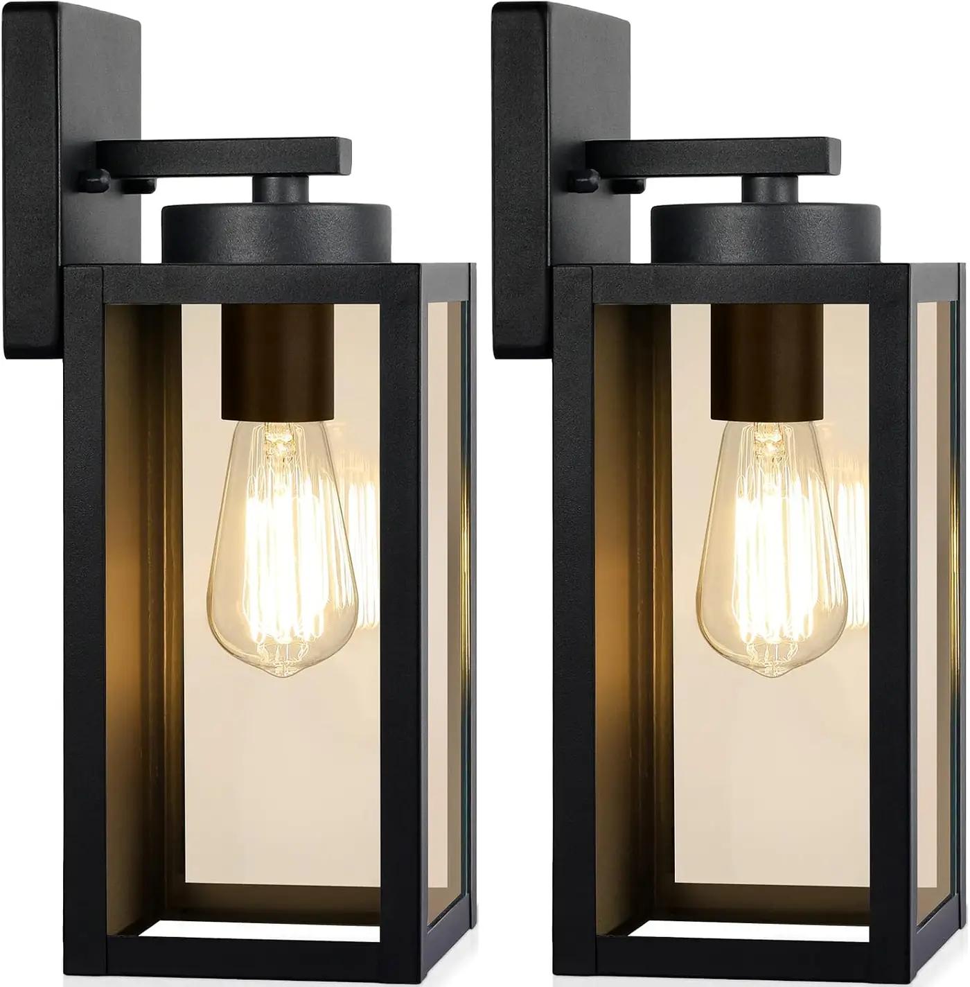 Outdoor Wall Light Fixtures, Exterior Waterproof Wall Lanterns, Porch Sconces Lighting with E26 Sockets &amp; Glass Shades, Modern Matte Black Outside Lights for Patio Front Door Entryway Garage, 2-Pack
