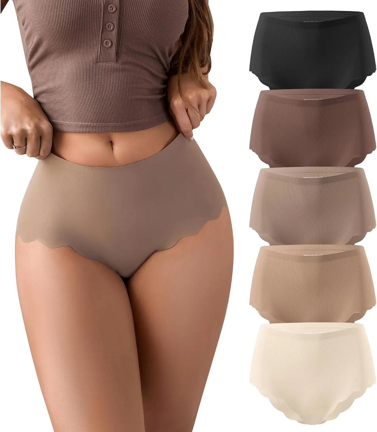 SHARICCA Seamless High Waisted Underwear for Women Cheeky Underwear Wave Edge No Show Bikini Panties Ribbed Panties Pack OEKO-TEX STANDARD 100