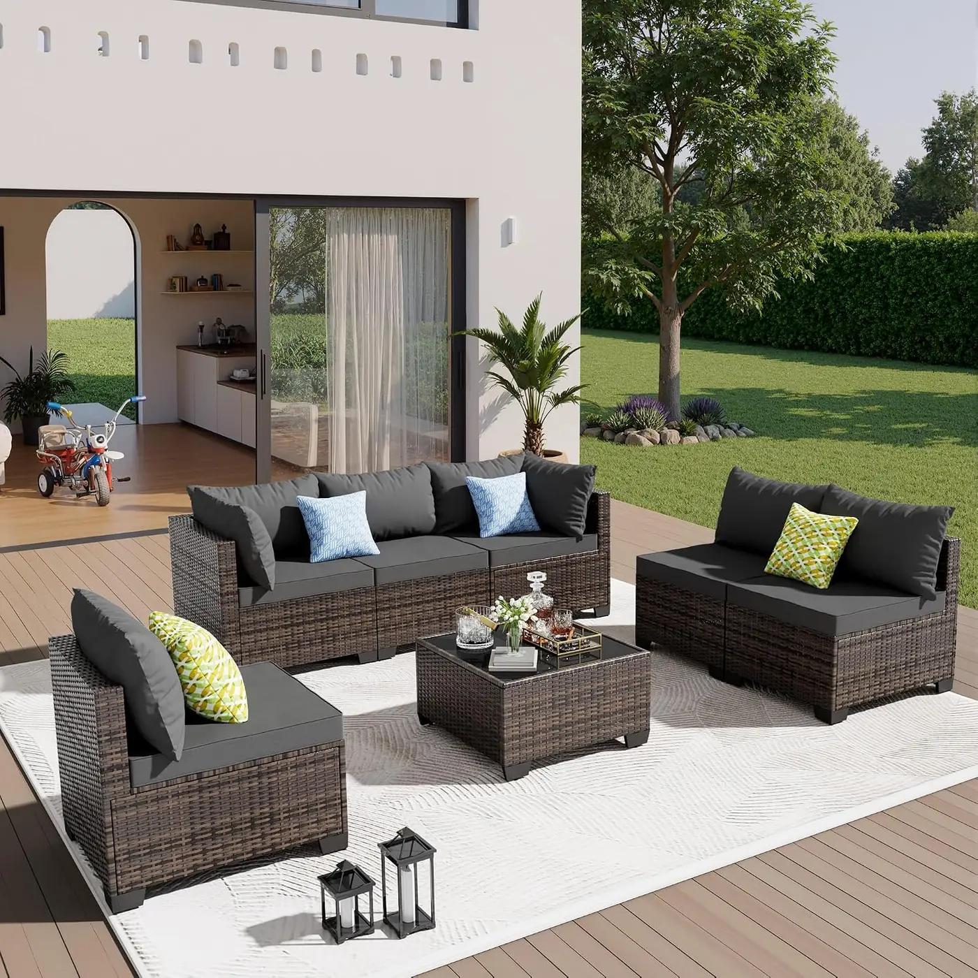 7 Pieces Patio Furniture Set - Outdoor Sectional Wicker Rattan Furniture with Cushion and Glass Table Patio Conversation Sets for Porch Poolside Backyard Outdoor Sofa Set Modular Sofa