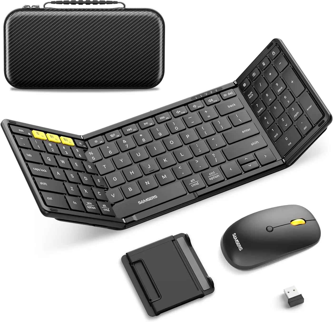Foldable Keyboard and Mouse, Samsers Folding Bluetooth Keyboard Combo, 2.4G + BT5.0 x 2, Full-Size Portable Travel Keyboard &amp; USB-C Rechargeable Wireless Mouse for iOS Android Windows Mac OS