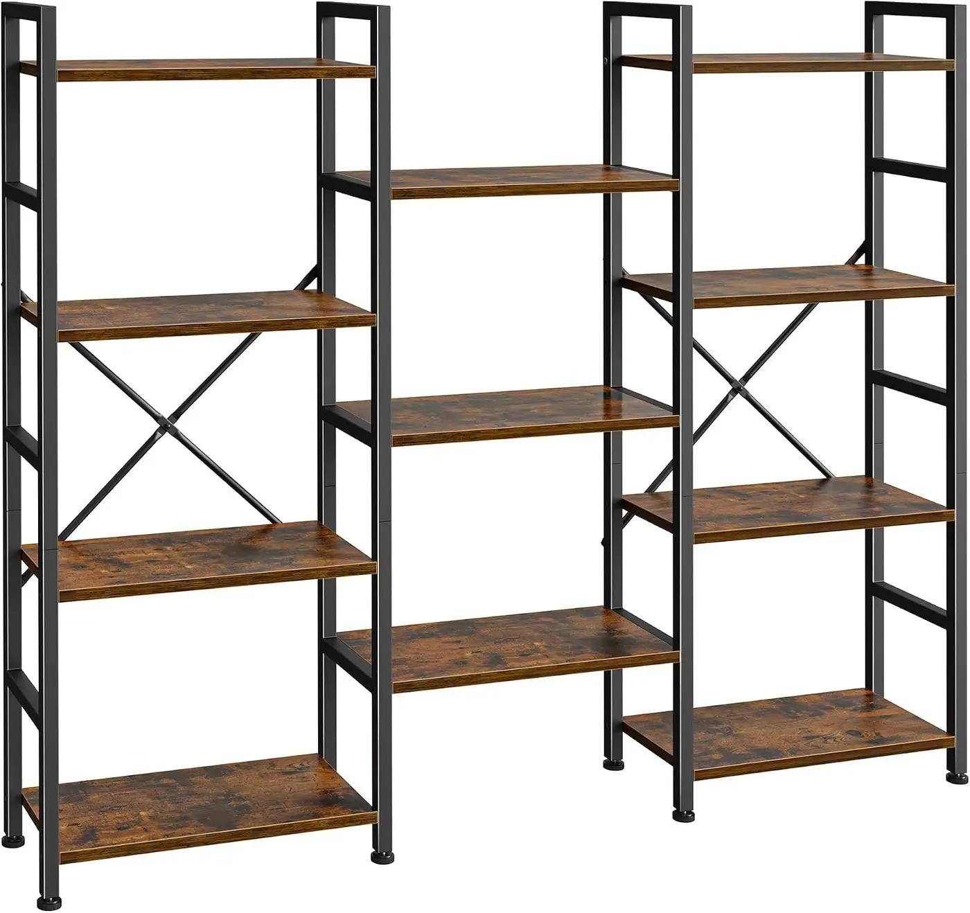 SUPERJARE Triple Bookshelf, Bookcase with 11 Open Display Shelves, Wide Book Shelf Book Case for Home &amp; Office, 4 Tier, Brown,ABC009Z
