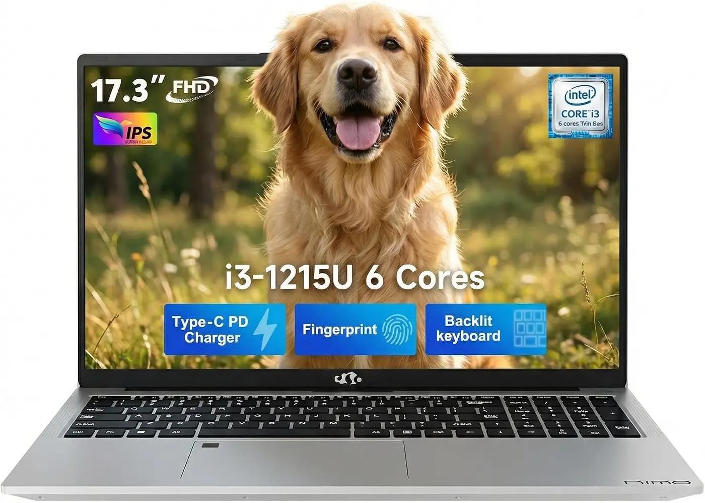 NIMO 17.3" Laptop FHD IPS, Intel Core i3-1215U (Beats i5-1135G7, Matches i7-1165G7), 8GB RAM, 256GB SSD, Windows 11 Home, Wi-Fi 6, Backlit Keyboard, Fingerprint, USB-C 65W Fast Charge, 180° View Global Recycled Standard
