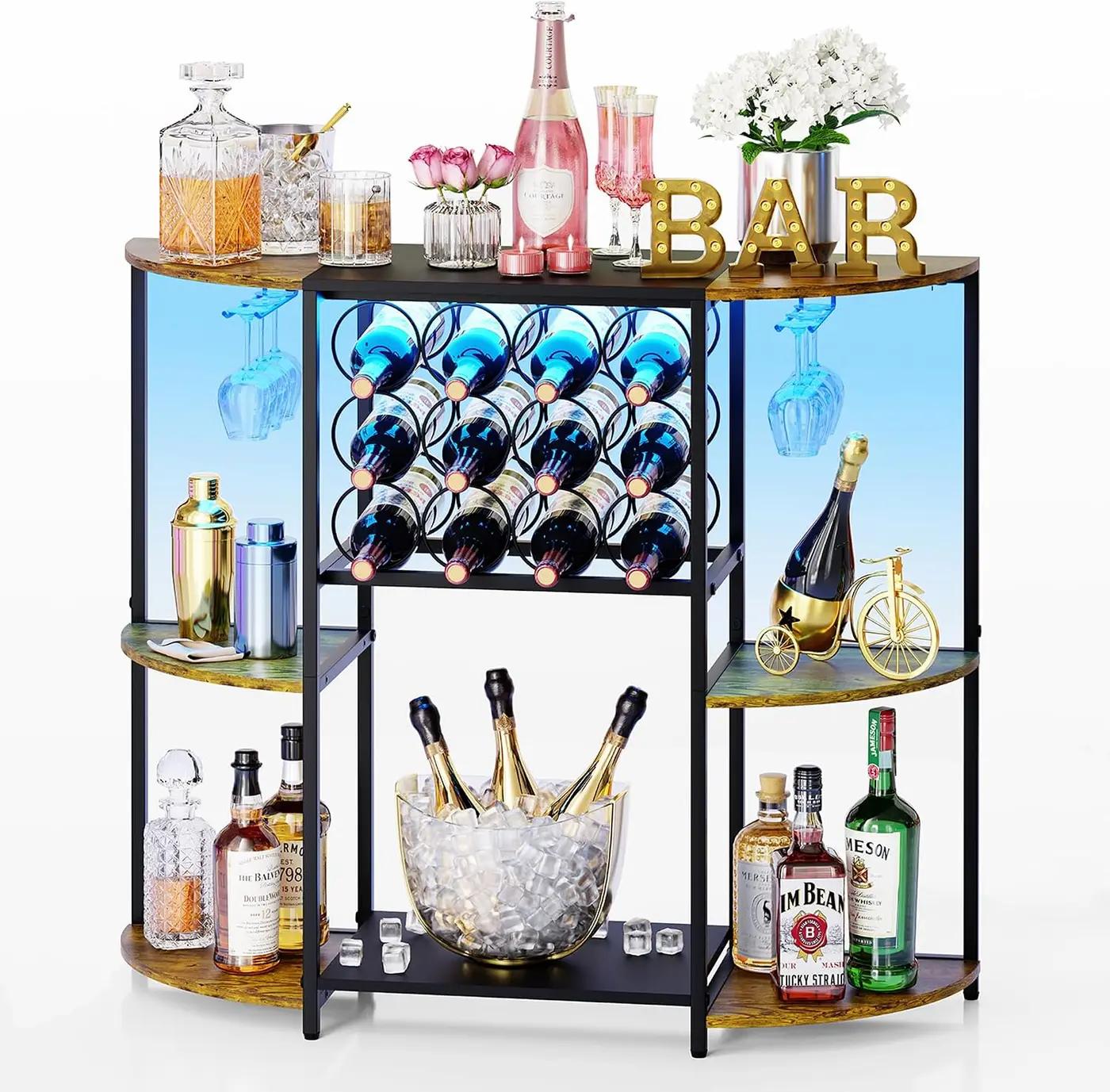 JKsmart Wine Bar Cabinet with LED Lights, Mini Wine Rack with Storage and Glass Holder, Home Bar Cart for Liquor, 3-Tier Bar Table for Kitchen, Dining Room, Living Room, Rustic Brown